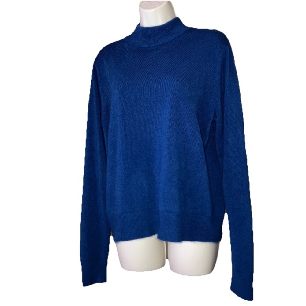 Elizabeth Williams Women’s Sweater Blue Long Sleeve Mock Neck Pull Over Size Lrg
